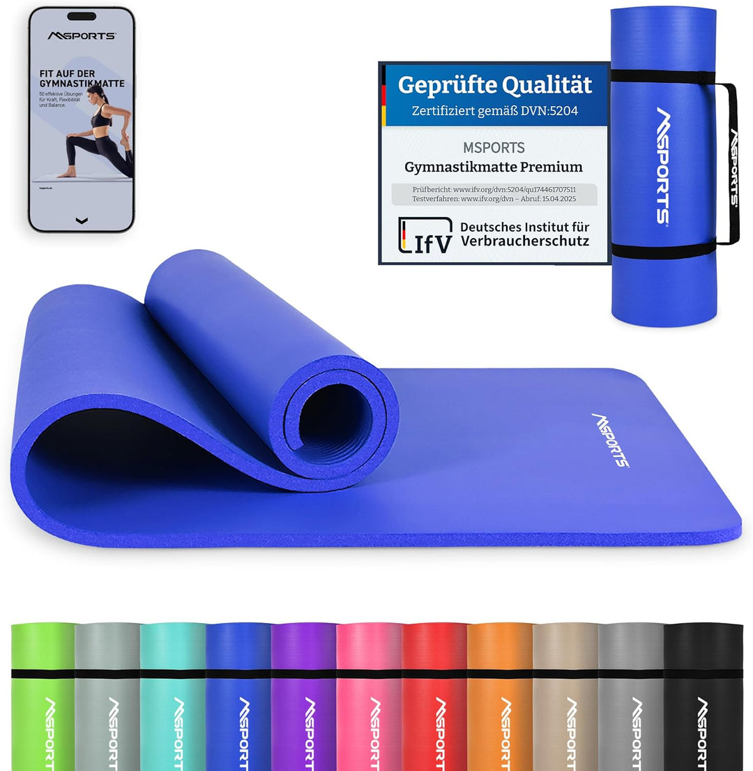 MSPORTS Gymnastikmatte Premium inkl. Tragegurt + Übungsposter + Workout App I Hautfreundliche Fitnes