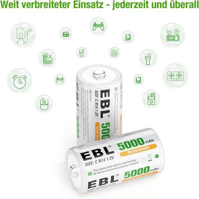 EBL Baby C Akku 5000mAh - NI-MH wiederaufladbare Batterie 4er Pack mit Aufbewahrungsbox, 1,2V Typ C