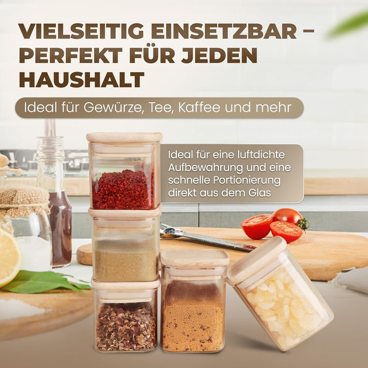Celeko Home Gewürzgläser Set 210ml Stapelbar Eckig Holzdeckel (12 Stück) Gewürzbehälter Gewürzdosen
