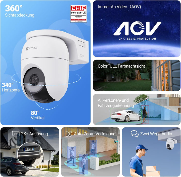 EZVIZ 4MP PTZ Überwachungskamera Aussen Akku, Kabellose WLAN-Aussenkamera, 360° Überwachung, Farbnac