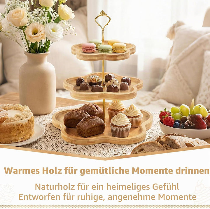 DUJUST Eleganter Holz-Cupcake-Ständer mit 3 Ebenen und Blumenform-Design, Bambus-Etagere für Cupcake