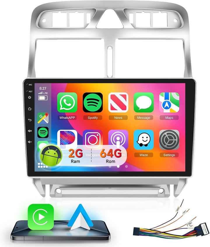 Podofo Carplay Android Autoradio für Peugeot 307 2002-2013,2G++64G,9" Touchscreen HiFi Android Auto