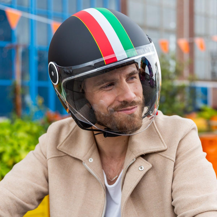 VINZ Neiva Jethelm mit Doppelvisier | Roller Helm mit Italienische Flagge &amp; mit Sonnenblende | In Gr