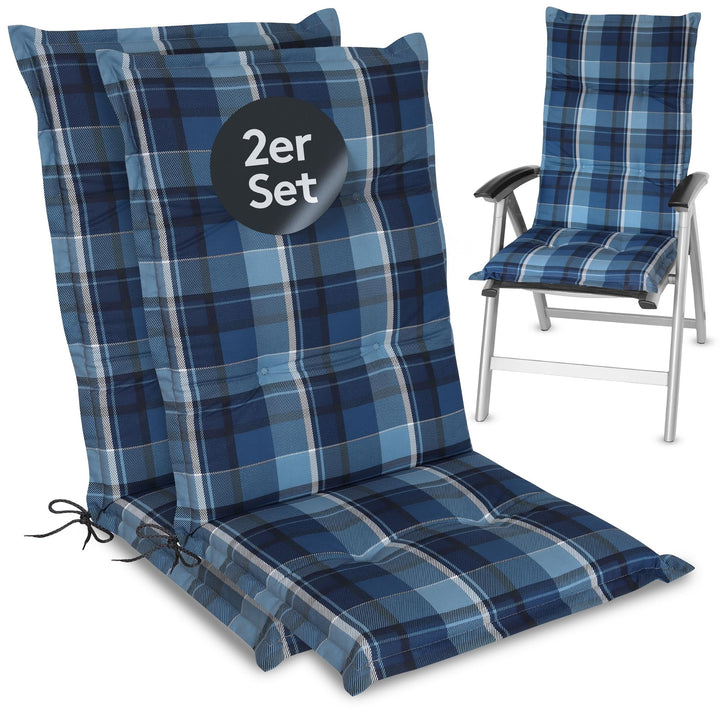 LILENO HOME Gartenstuhl Auflagen als [2er Set - Hochlehner] in Karo Blau - Bequeme Liegen als Sitzau