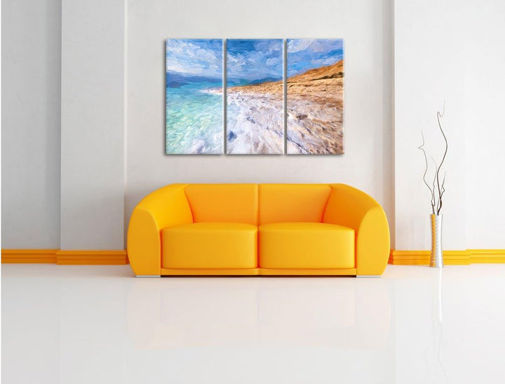 Pixxprint Das Tote Meer bei Tag Pinsel Effekt 3-Teiler Leinwandbild 120x80 Bild auf Leinwand