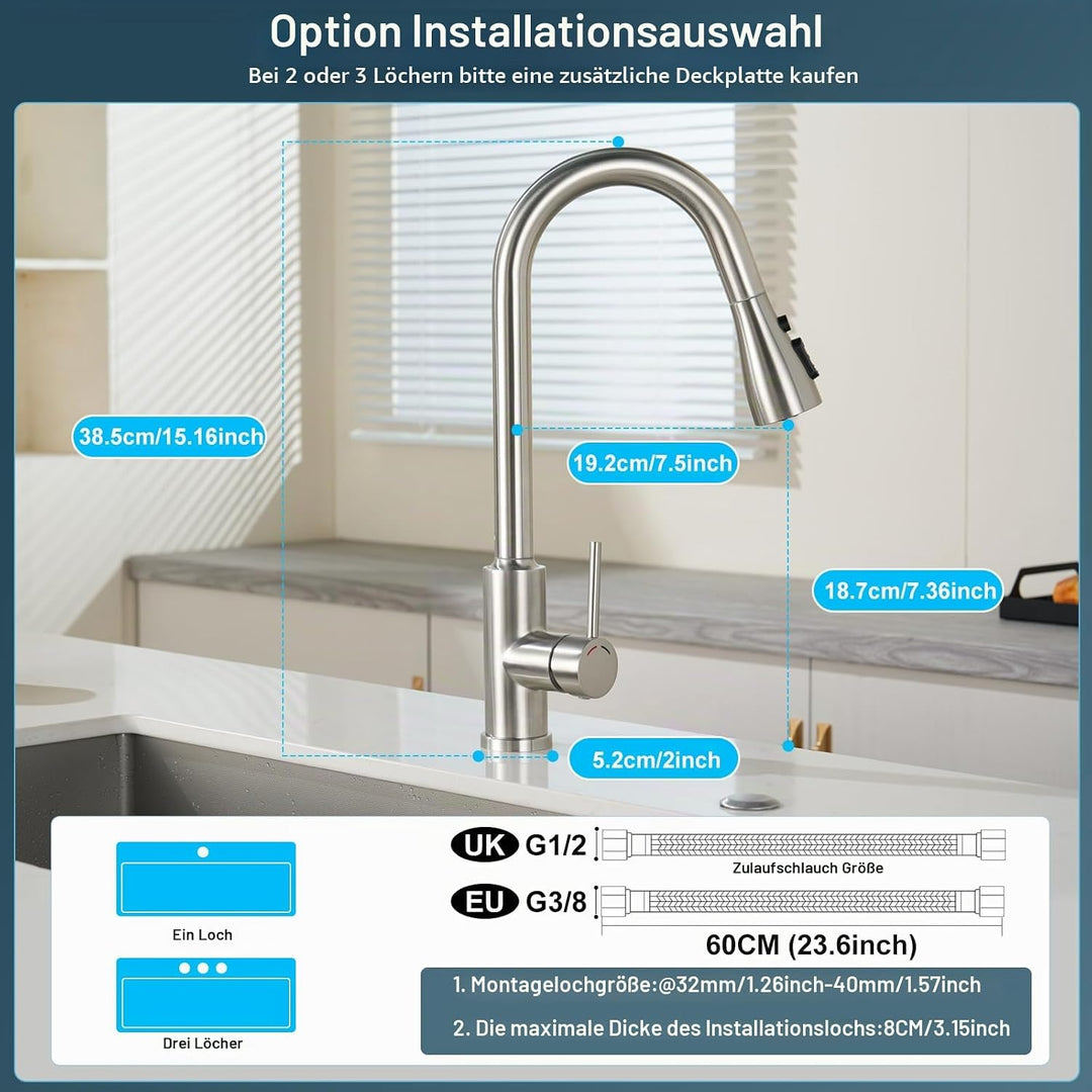 Wasserhahn Küche,Küchenarmatur Edelstahl,Ausziehbar Brause,4 Sprühfunktionen,Hoher Auslauf（187mm),36