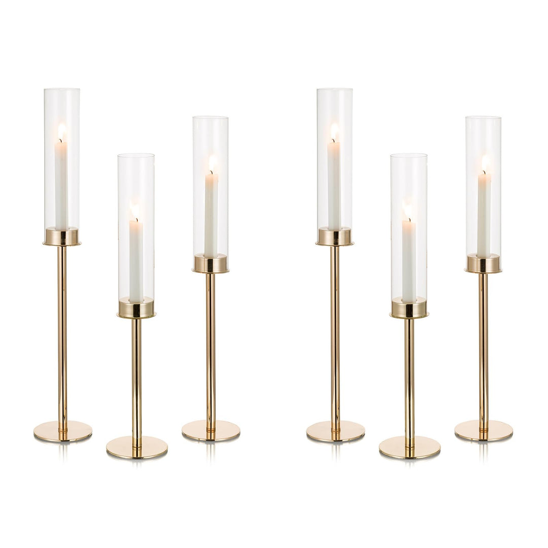 Nuptio Glaszylinder für Kerzen Kerzenhalter Gold: 60 & 55 & 50cm Gross Klarglas Metall Kerzenständer