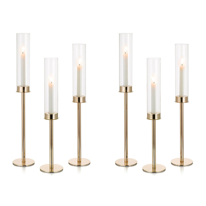 Nuptio Glaszylinder für Kerzen Kerzenhalter Gold: 60 & 55 & 50cm Gross Klarglas Metall Kerzenständer