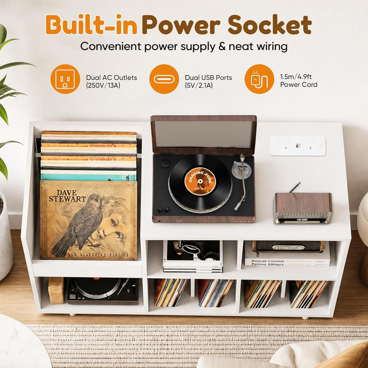 Plattenständer Holz mit Steckdosen &amp; USB, 3 Ebenen für 350 Schallplatten