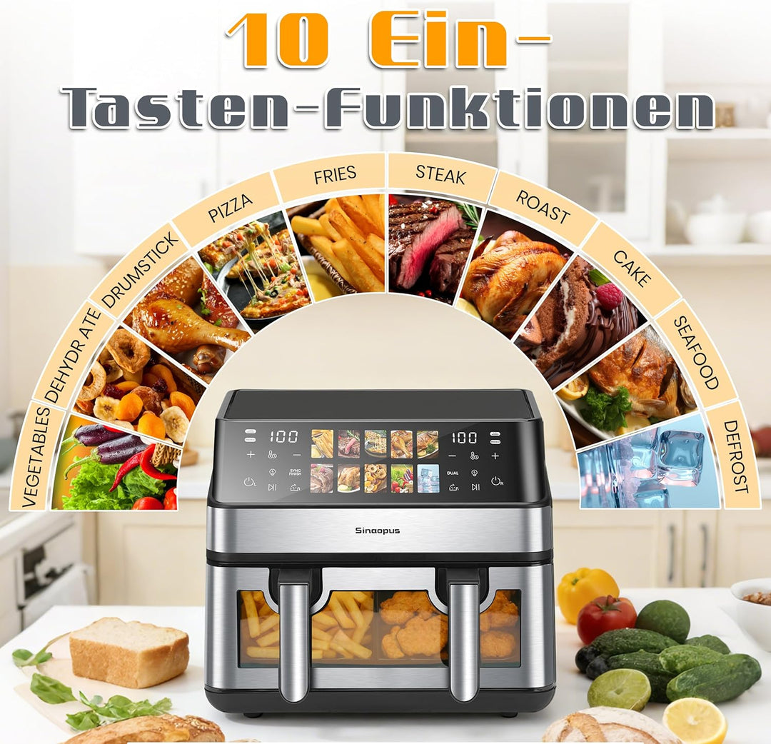 Heissluftfritteuse 2000W Doppel Fritteuse mit 2 Kammern und 8.5 Liter Volumen, 10 Programme, Touch-B