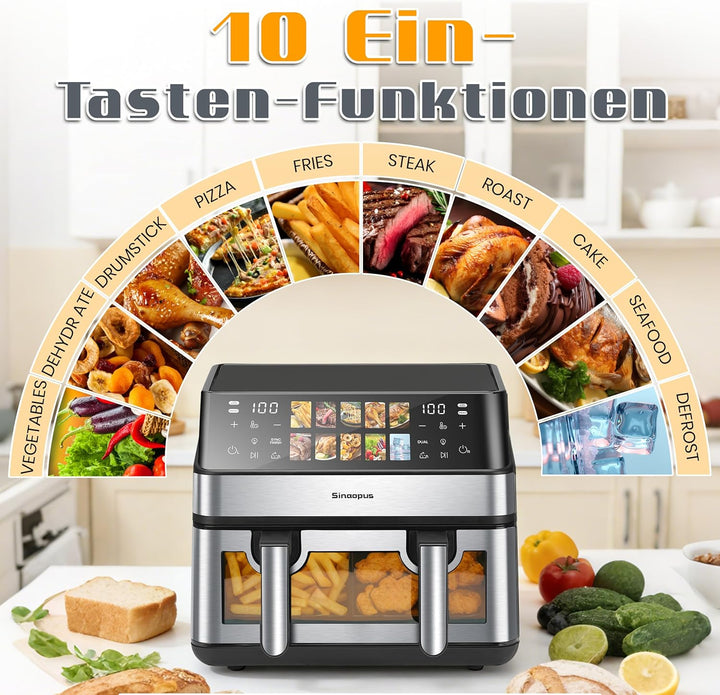 Heissluftfritteuse 2000W Doppel Fritteuse mit 2 Kammern und 8.5 Liter Volumen, 10 Programme, Touch-B