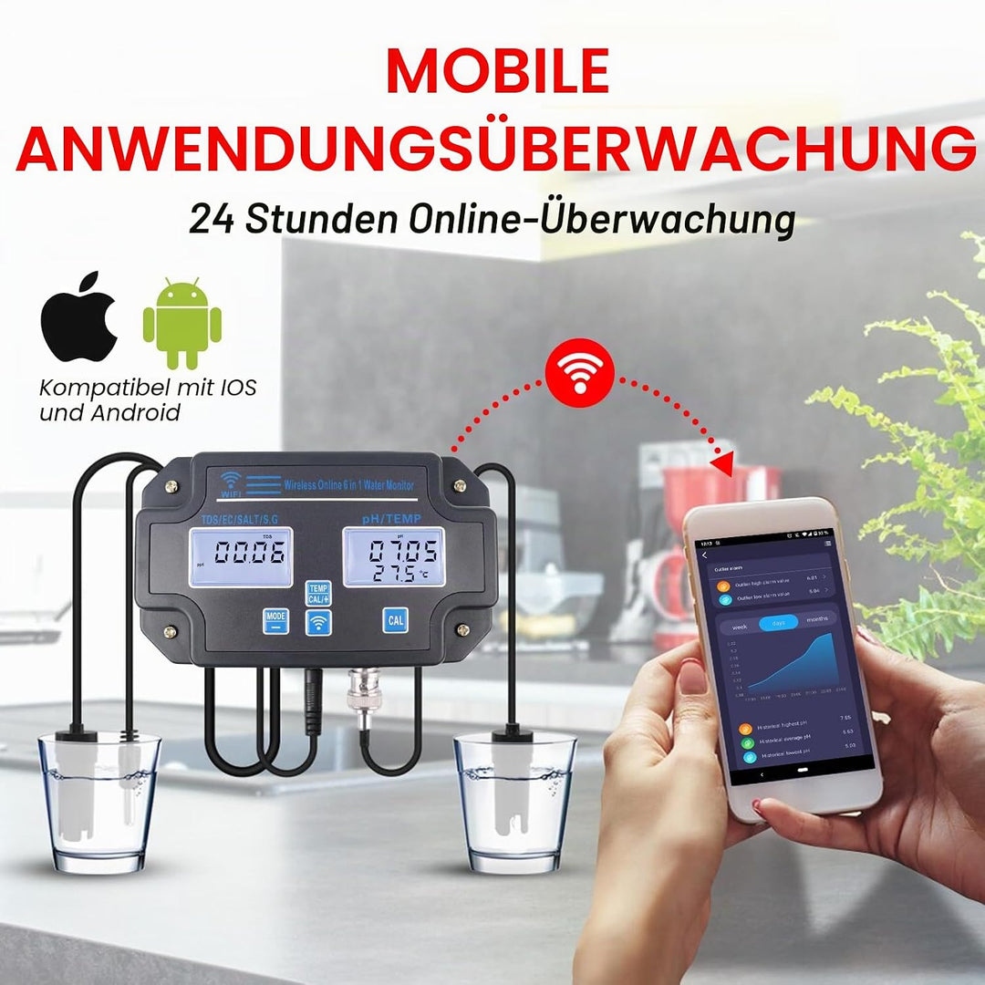 DANOPLUS Smart Water Quality Tester, 24 Stunden drahtlose App-Überwachung von pH EC TDS Salzgehalt S