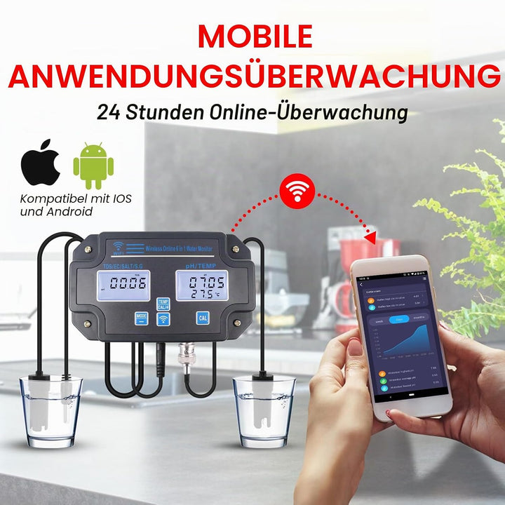 DANOPLUS Smart Water Quality Tester, 24 Stunden drahtlose App-Überwachung von pH EC TDS Salzgehalt S