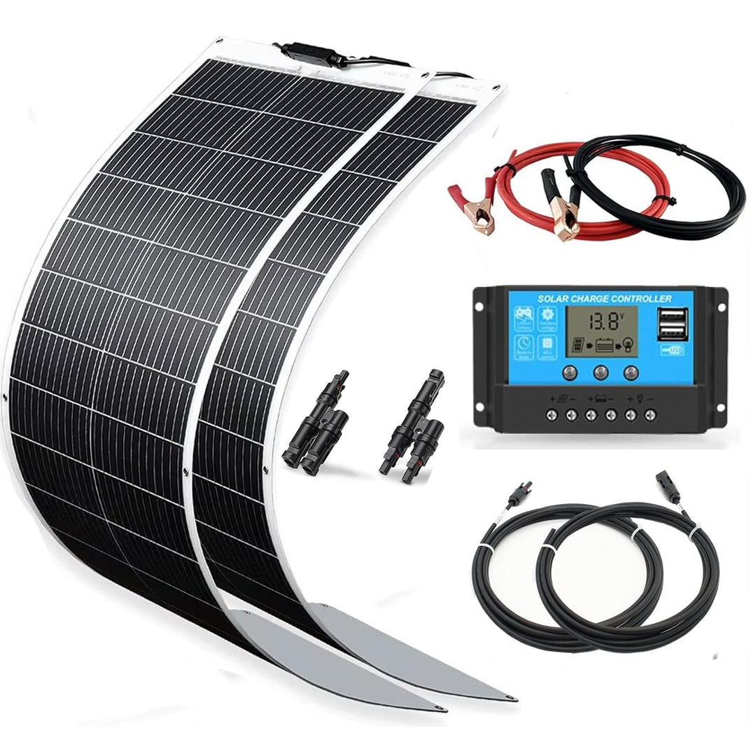 Solarpanel-Kit Flexibel 200W Monokristallines 2X100W Flexibles Solarmodul+20A 12V/24V Solarladeregle