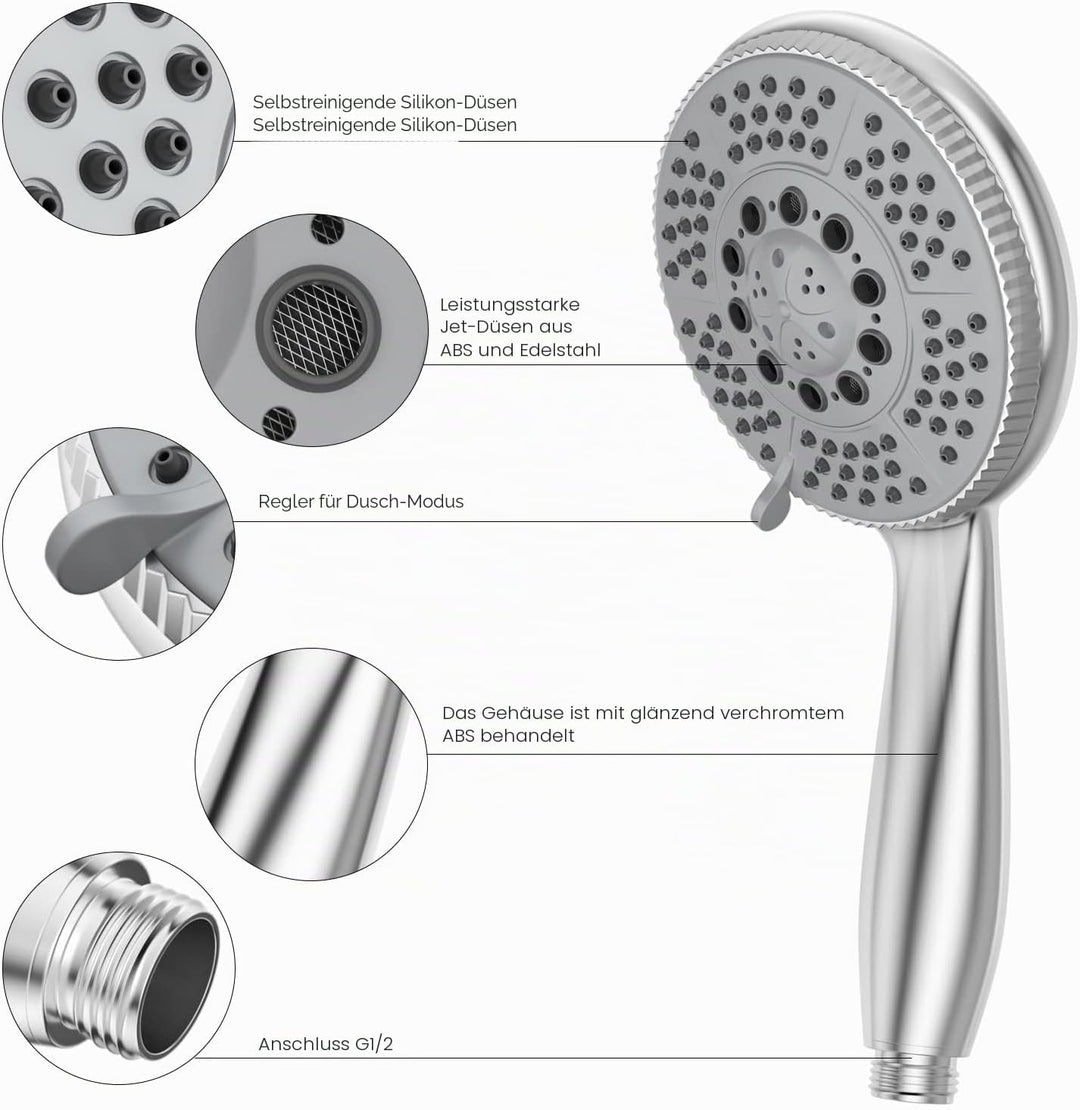 Vinabo Sparduschkopf wassersparend – Duschbrause mit Schlauch, 1,5 m Edelstahl-Duschschlauch (G1/2),