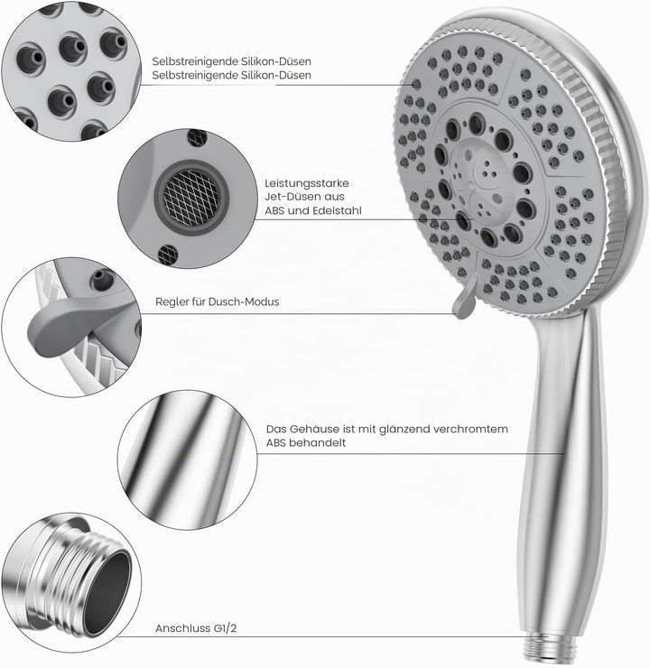 Vinabo Sparduschkopf wassersparend – Duschbrause mit Schlauch, 1,5 m Edelstahl-Duschschlauch (G1/2),