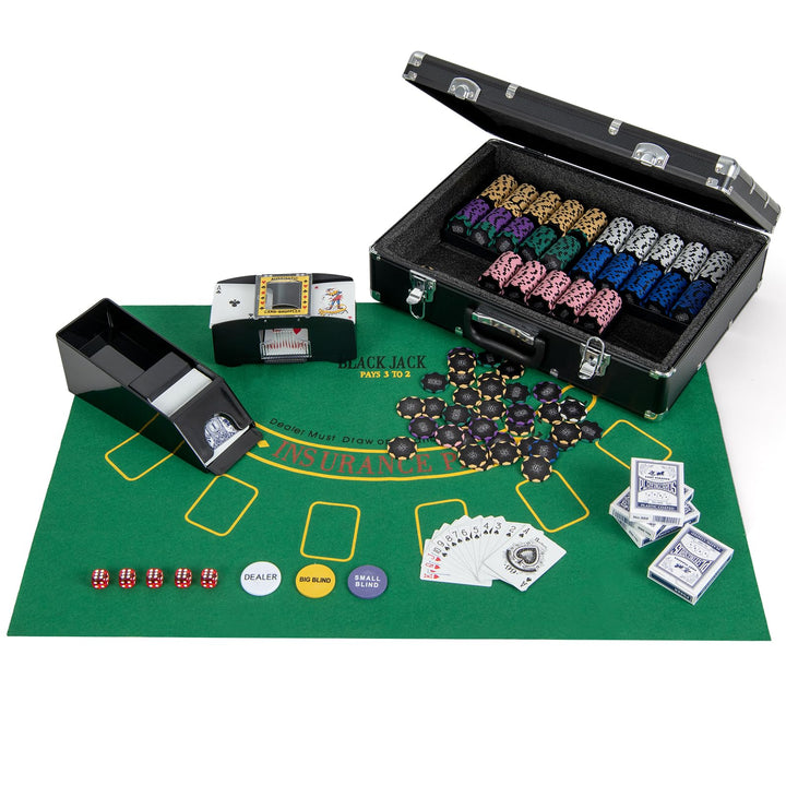 DREAMADE Pokerkoffer mit 600 Laser Poker Chips/ 6 Pokerkarten Set/Kartenmischer/Kartengeber/Spielmat
