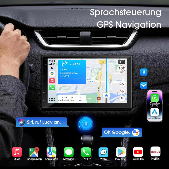 Haudio 2 Din Autoradio mit Wireless CarPlay & Android Auto, 7 Zoll IPS Bildschirm, Mirror Link, GPS,