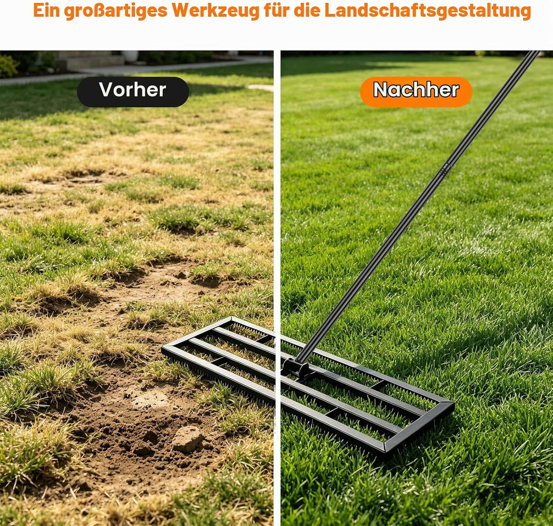Rasen Nivellierrechen 81x25cm mit Gezahnte Seite und 199 cm Langer Griff, 2-In-1 Rasen-Nivelliergera