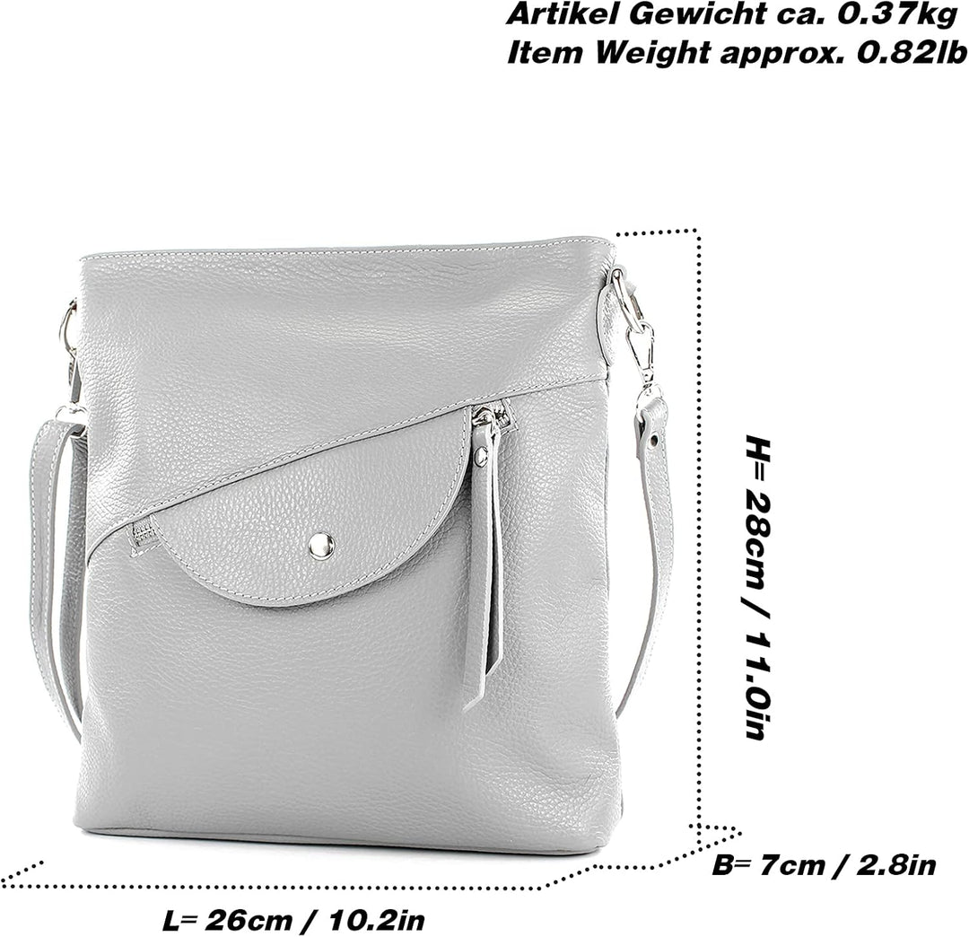 modamoda de - T223 - ital. Umhängetasche Schultertasche Medium aus Leder Silber-metallic, Silber-met