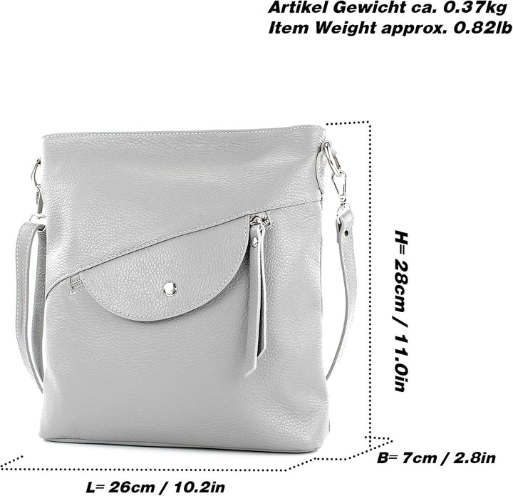 modamoda de - T223 - ital. Umhängetasche Schultertasche Medium aus Leder Silber-metallic, Silber-met