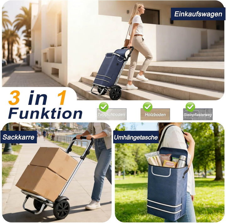 3in1 Klappbarer Einkaufstrolley 56L | Einkaufsroller mit Umhängetasche & Sackkarre | Einkaufswagen B