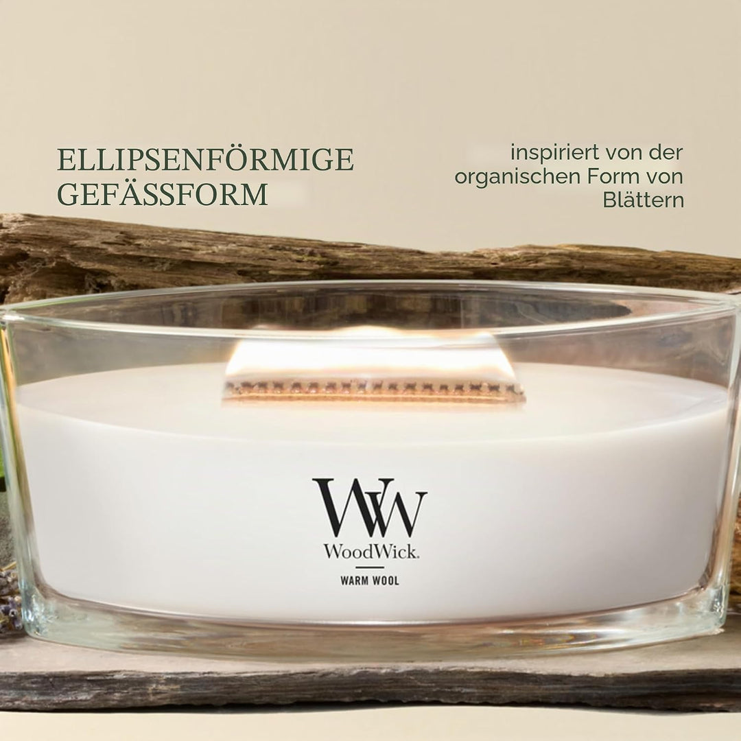 Ellipsenförmige WoodWick Duftkerze mit knisterndem Docht, Warm Wool, bis zu 50 Stunden Brenndauer,11