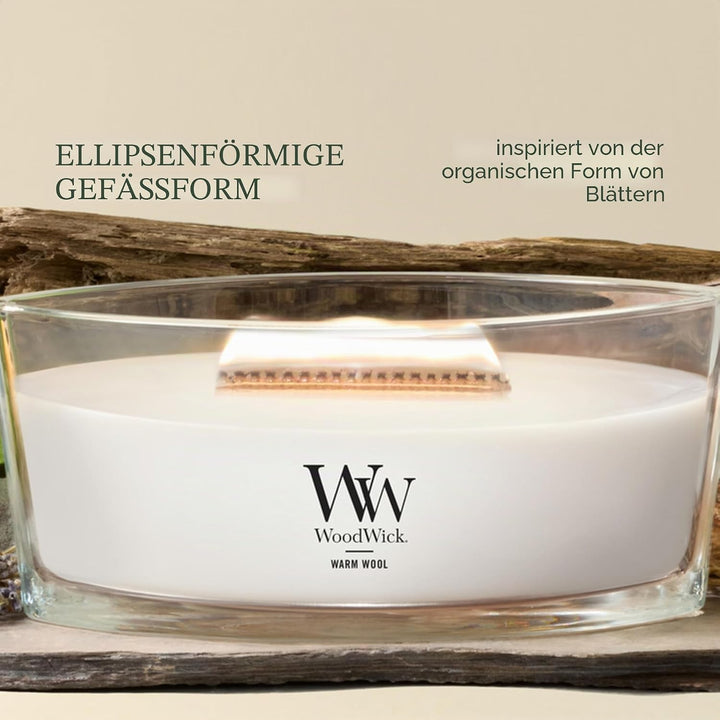 Ellipsenförmige WoodWick Duftkerze mit knisterndem Docht, Warm Wool, bis zu 50 Stunden Brenndauer,11