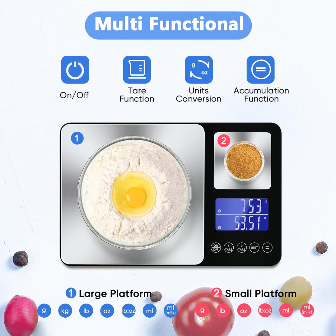 Küchenwaage mit Dualer Plattform, 15kg/1g & 500g/0.01g, Doppelfunktion Digitale Küchen Feinwaage mit