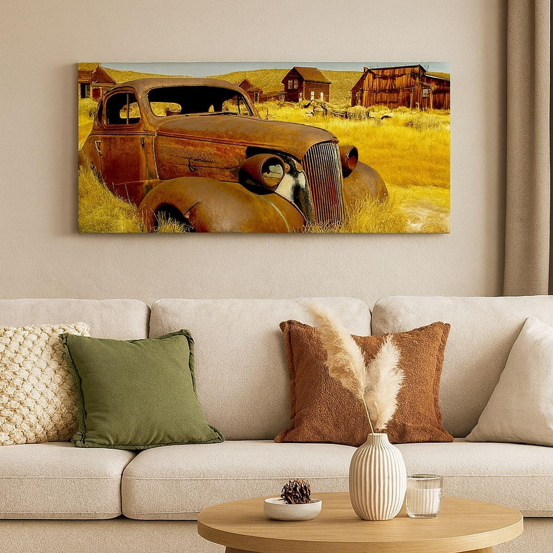 Wandbilder Dekoration Wohnzimmer Bauernhof altes Auto aufgegeben Panorama Bilder auf Leinwand 120x50