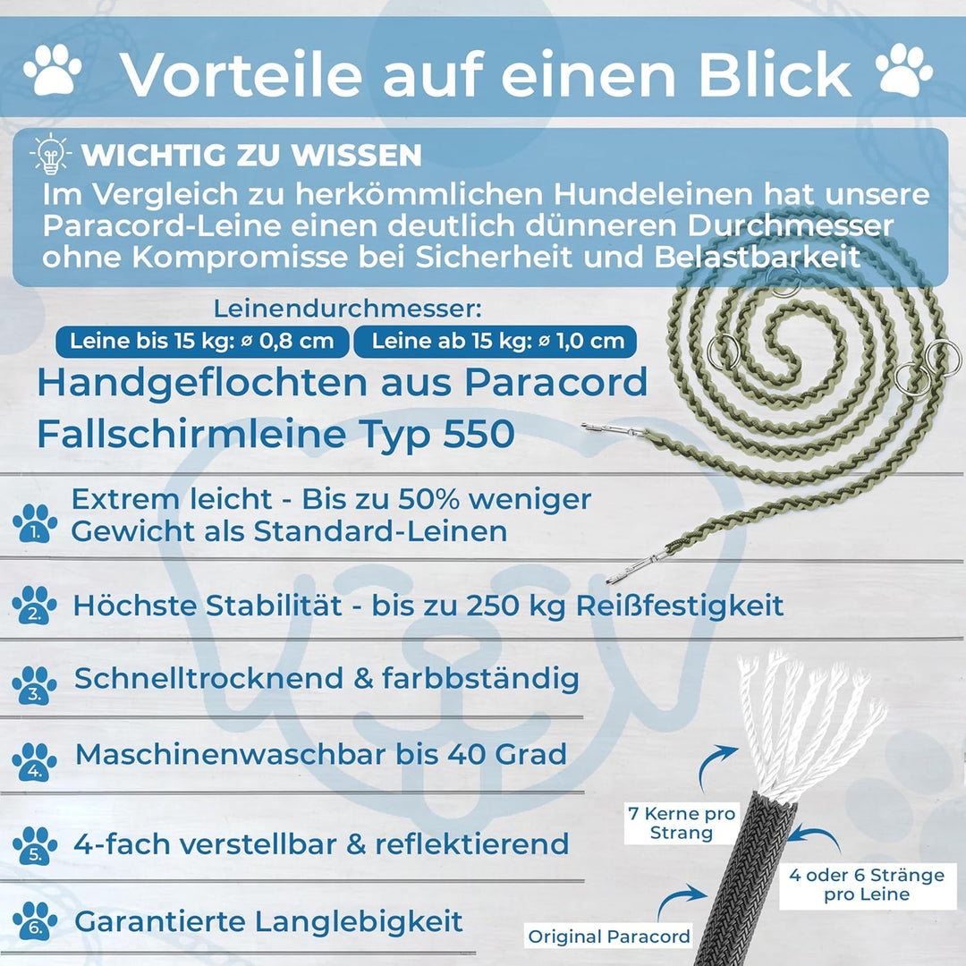Testnote: Sehr gut - Hundeleine reflektierend I 2m, verstellbar, wetterfest & reissfest bis 250 kg I
