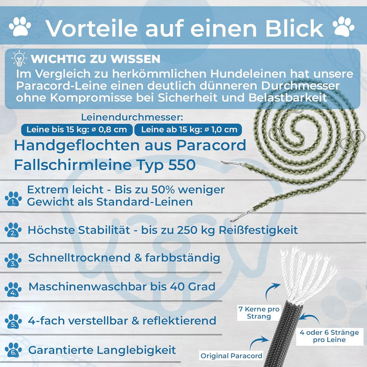 Testnote: Sehr gut - Hundeleine reflektierend I 2m, verstellbar, wetterfest & reissfest bis 250 kg I