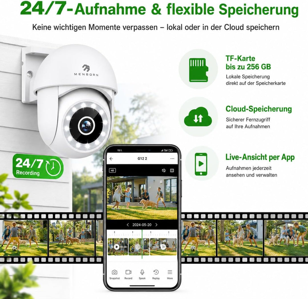 Menborn Überwachungskamera Aussen 2.5K/4MP, Aktualisierte Kamera Überwachung 360° mit Starlight Farb
