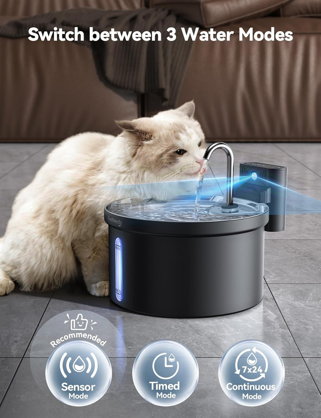 Katzenbrunnen Kabellos 3,5L-FEELNEEDY Trinkbrunnen für Katze mit Bewegungssensor-Batteriebetrieben W
