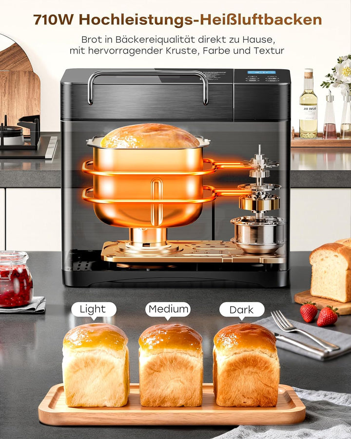 710W 1KG Konvektions Brotbackautomat mit Doppelten Heizrohren, 17 in 1 Edelstahl Brotbackmaschine, K