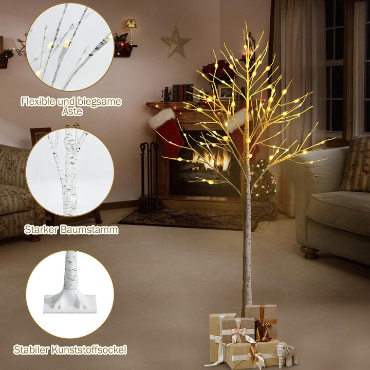 COSTWAY 150cm LED Lichterbaum, Birkenbaum mit warmweissen LED-Leuchten, künstlicher Weihnachtsbaum,