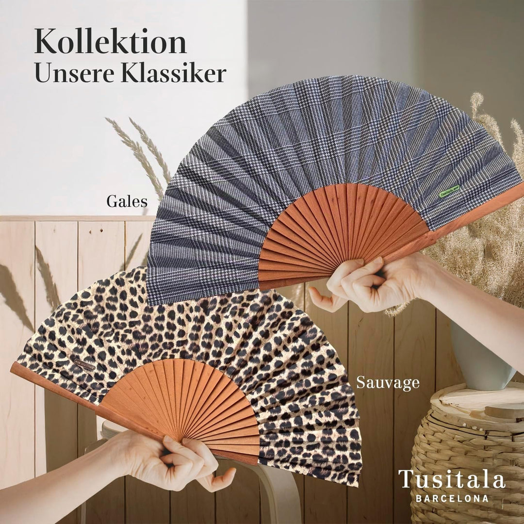 Spanischer Handfächer Espiga Marrón–Holz und Baumwolle–23 cm–Jute-Hülle und -Bezug–Modeaccessoire–ha
