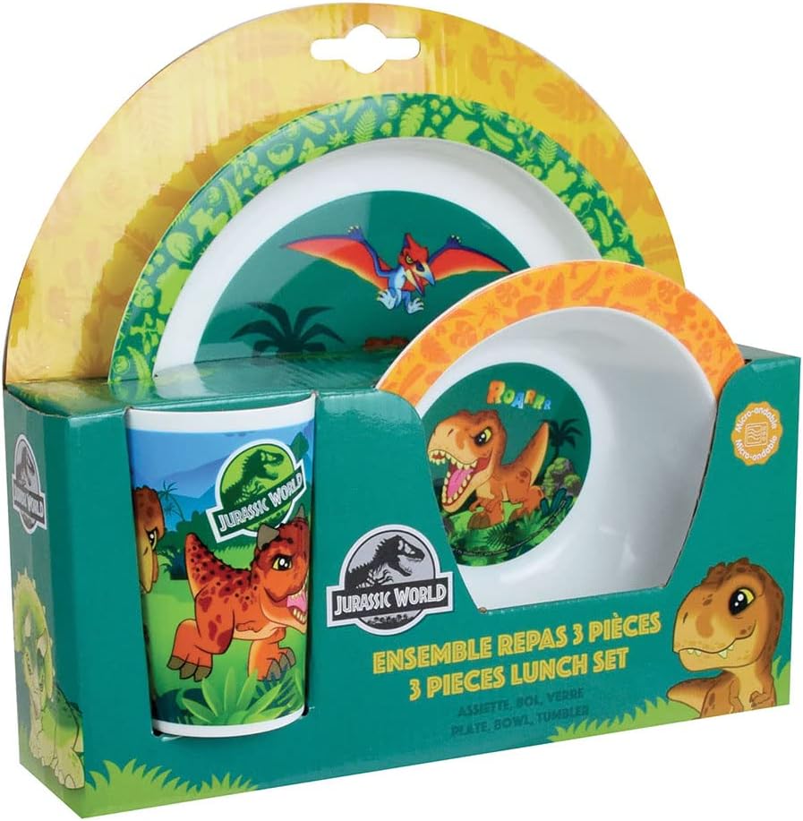 Fun House 0066 Jurassic World Dinosaurier-Mahlzeitenset für Kinder mit 22 cm flacher Teller, 16 cm t