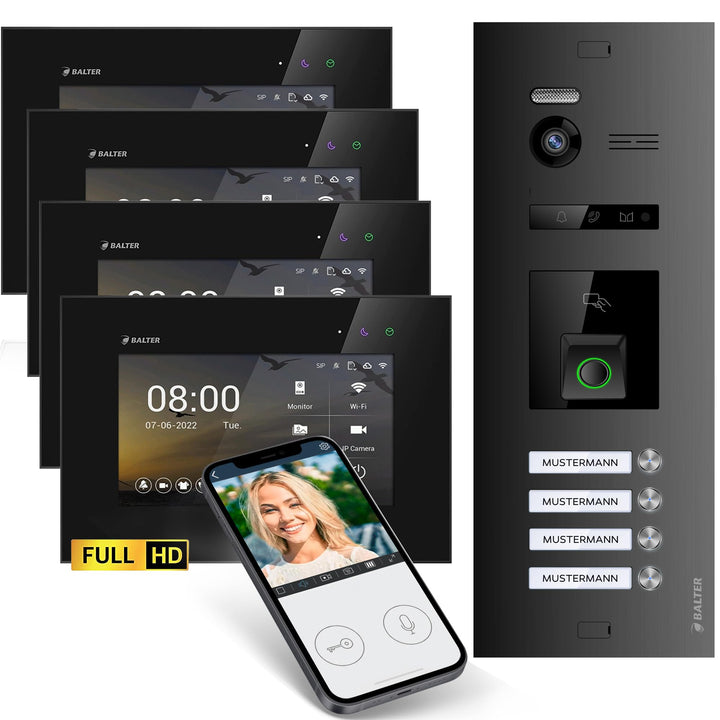 Balter EVO-HD Video Türsprechanlage mit Fingerprint, Video Türklingel, Smartphone App, 4 Familienhau