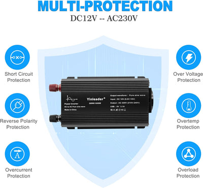 Yinleader Reiner Sinus Wechselrichter 500W /1000W DC 12V auf 230V AC und 1 Steckdose 2 USB mit LED,