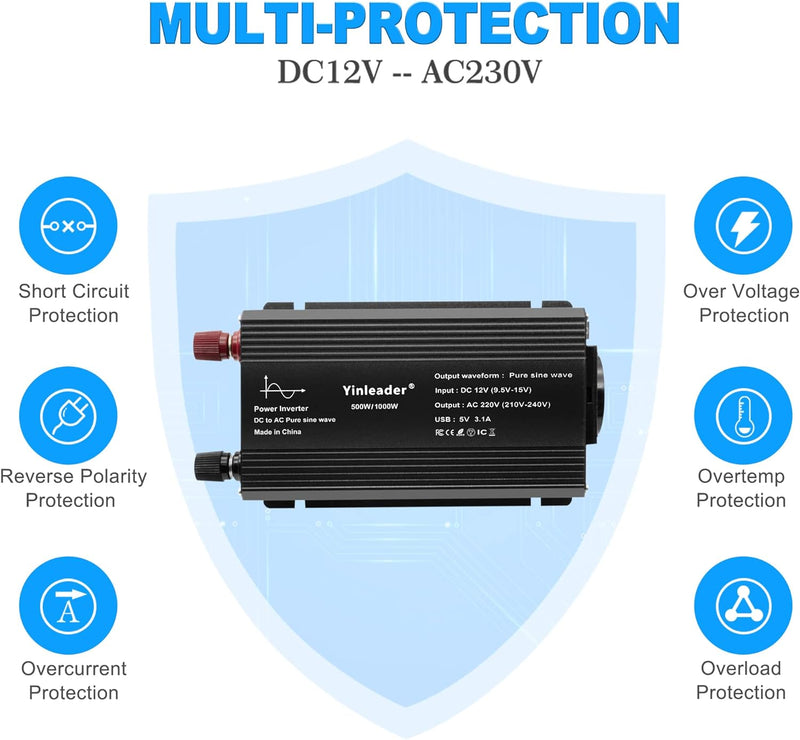 Yinleader Reiner Sinus Wechselrichter 500W /1000W DC 12V auf 230V AC und 1 Steckdose 2 USB mit LED,