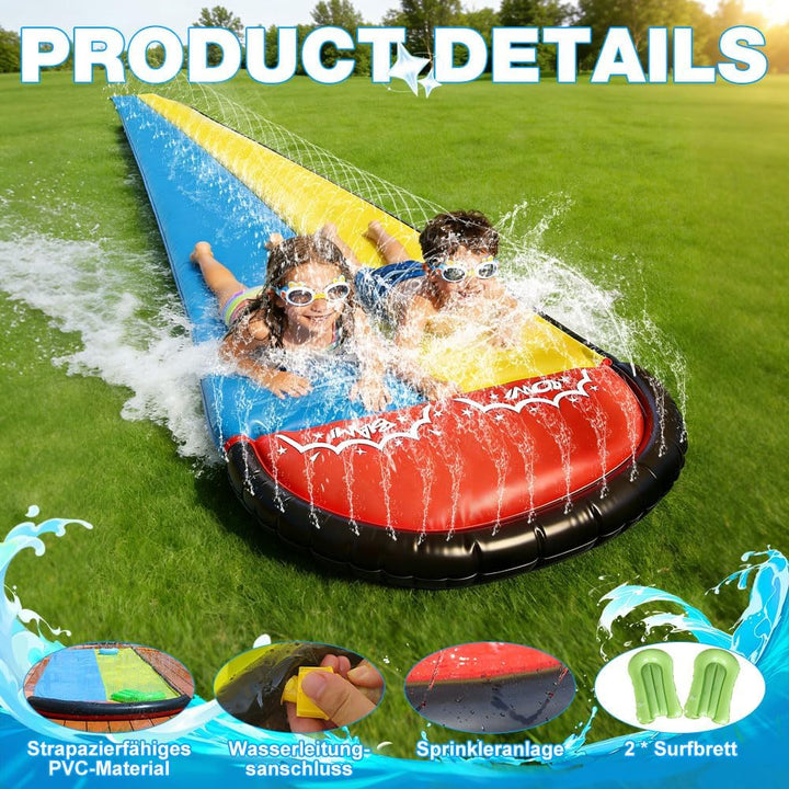 Wasserrutsche Garten für Kinder, Wasserrutschbahn mit 2 Aufblasbaren Rutschbrettern, Wasserrutsche G