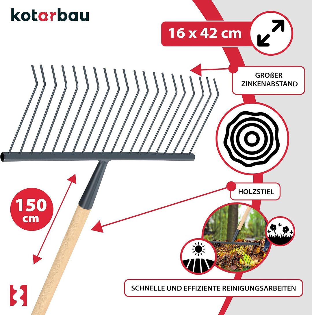 KOTARBAU® Laubfeger Gartenrechen aus Draht 420 mm mit Holzstiel 150 cm Rechen aus Stahl Fächerbesen