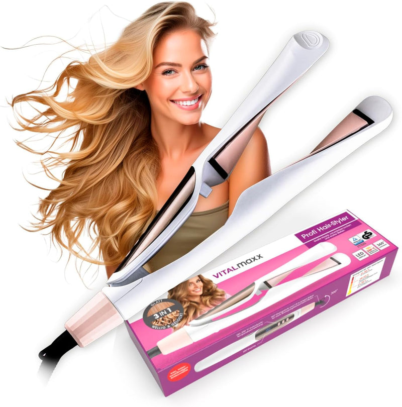 VITALmaxx Profi Hair Styler | 3in1 Lockenstab, Glätteisen & Welleneisen mit LED Display | Temperatur