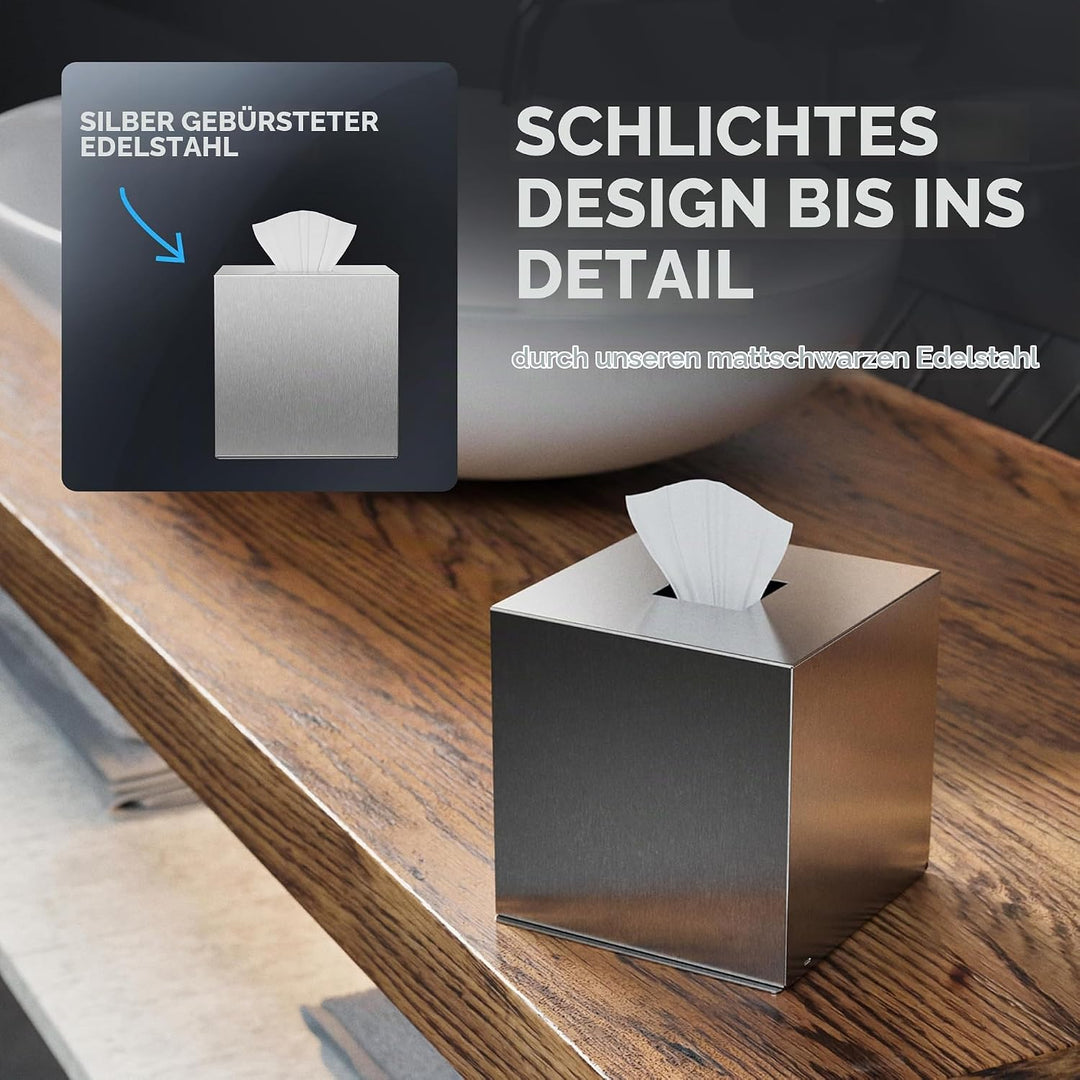ovimar quadratische Kosmetiktücher Box Svitringen | Edelstahl | Silber | Perfekter Taschentuch-, Pap