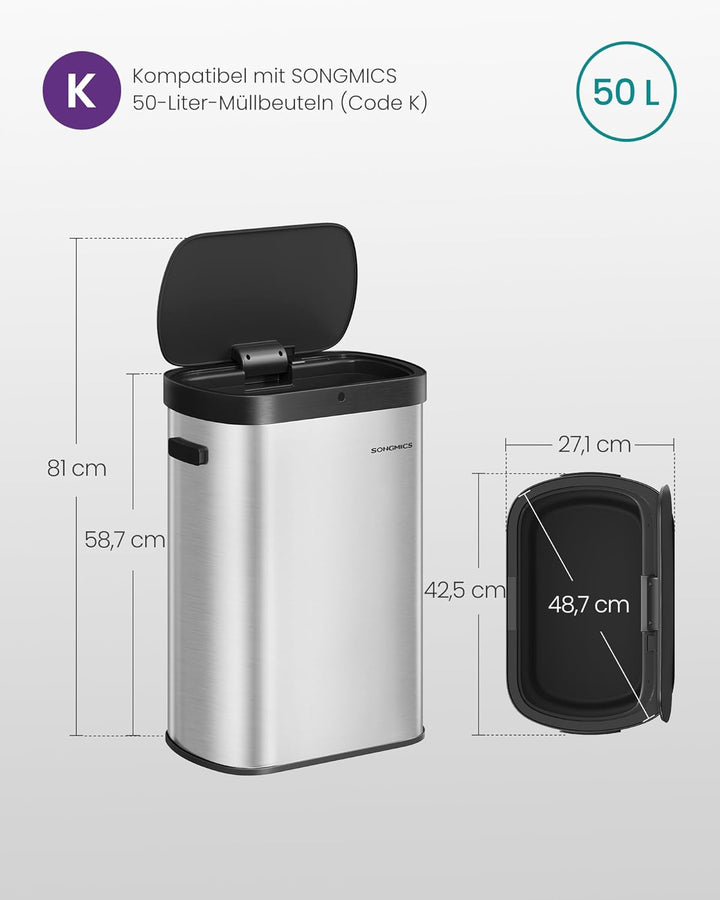 SONGMICS Mülleimer mit Sensor, automatischer Abfalleimer 50 L, Öffnen per Handbewegung oder Berühren