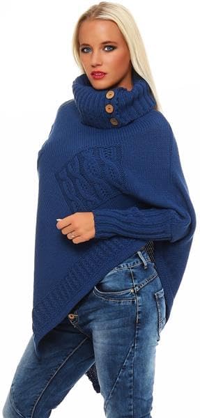 Mississhop Poncho Strick Sweatshirt Pullover Umhang Überwurf Einheitsgrösse Jeansblau, Einheitsgröss