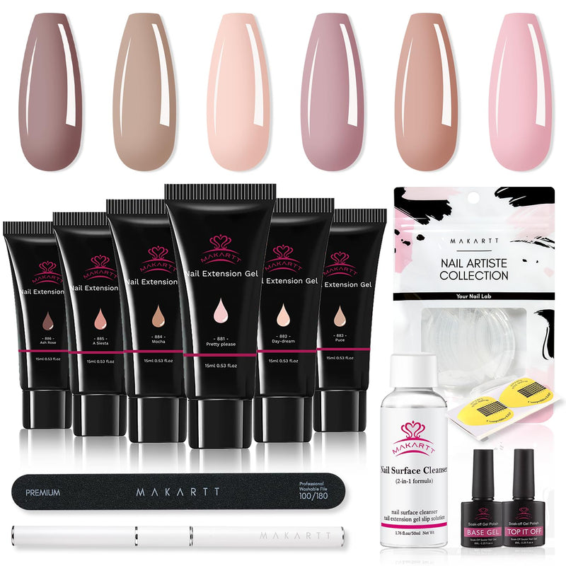 Makartt Poly Nagel Gel Nude Set 15ml, 6 Farben Nagelverlängerung Gel Set mit Slip Lösung Base Gel To