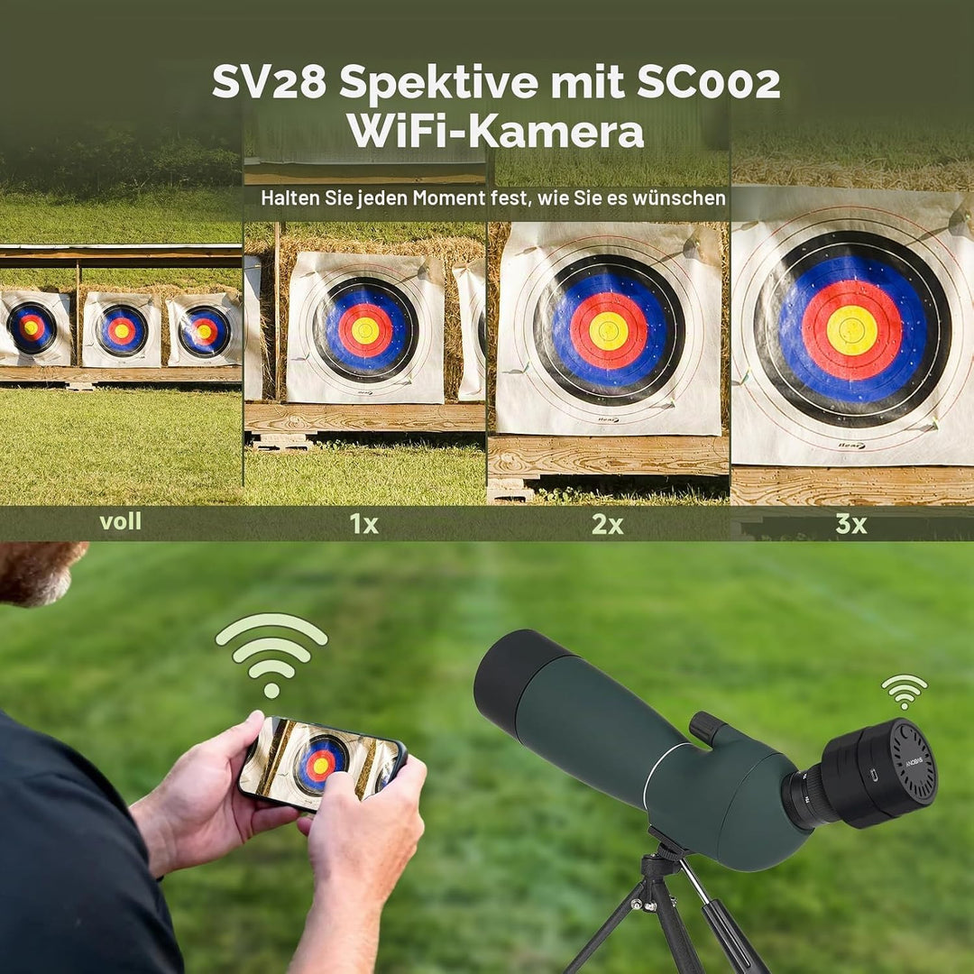 Svbony SV28PLUS Upgrade 25-75x70 mm Spektiv, mit SC002 WiFi Kamera, BAK4 A5 Weinrotes FMC Objektiv,