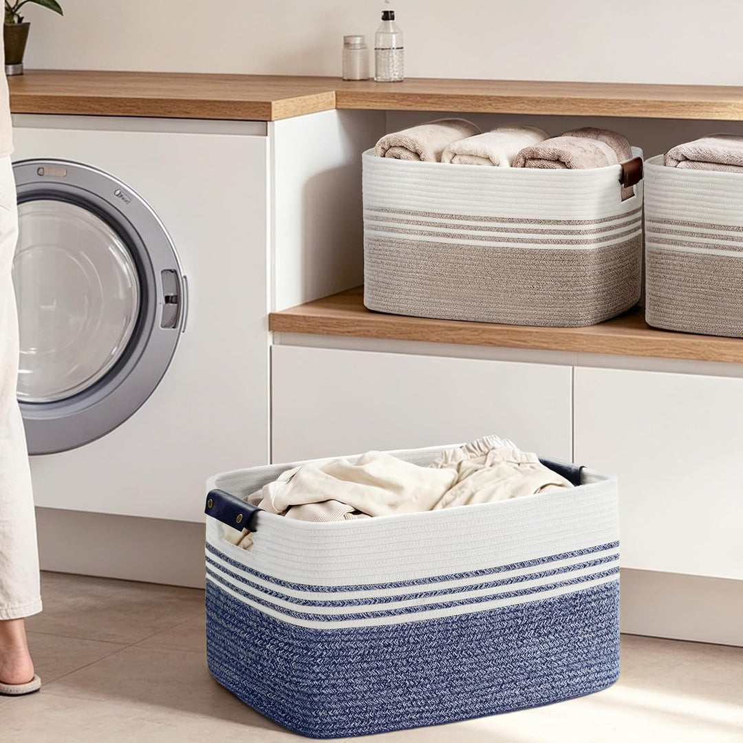 Wäschekorb Geflochten Klein aus Baumwollseil, 45L Aufbewahrungskorb mit Lederhenkeln, Korb für Decke